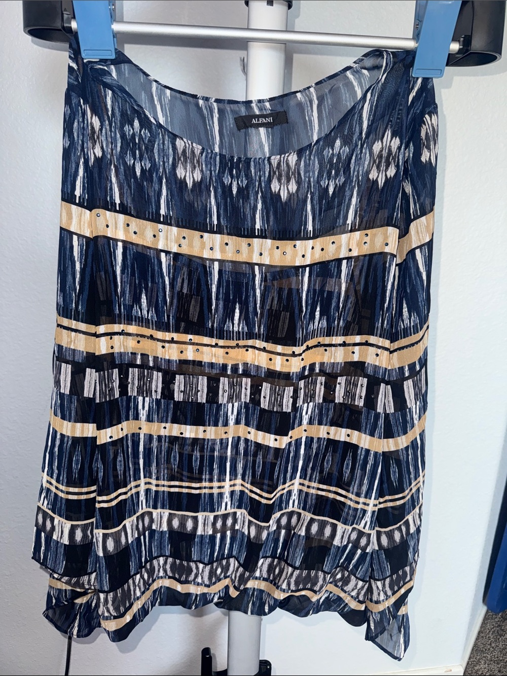 Alfani Navy, Cream & Gold Striped Pleated A-Line Blouse